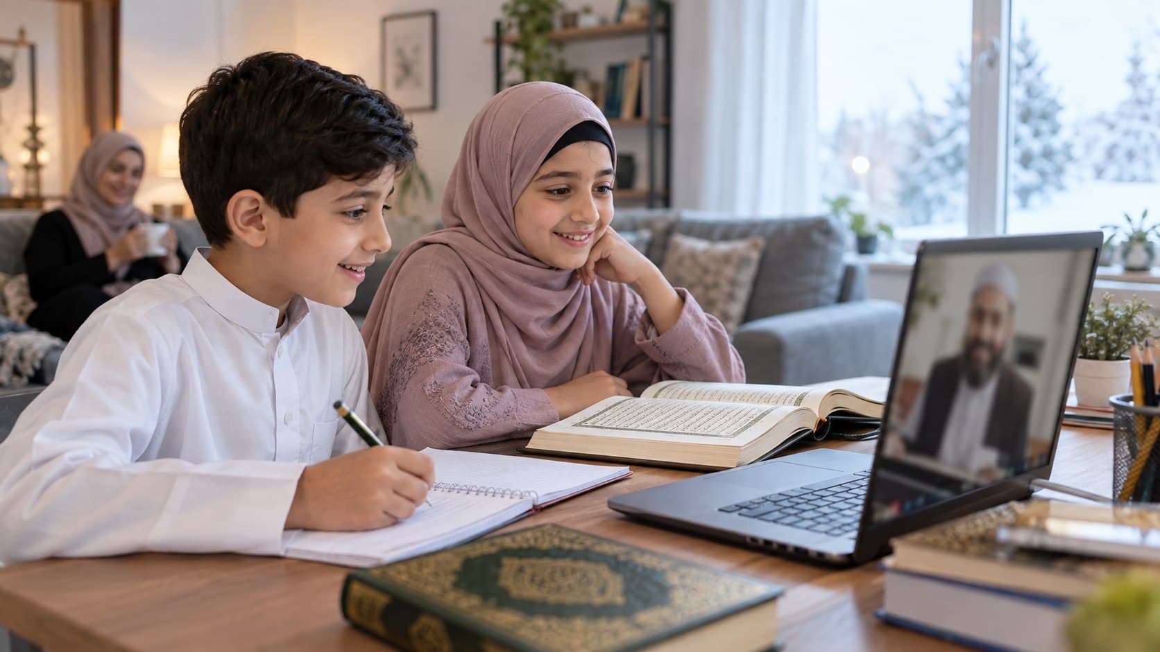 Siblings learning Quran online together at home