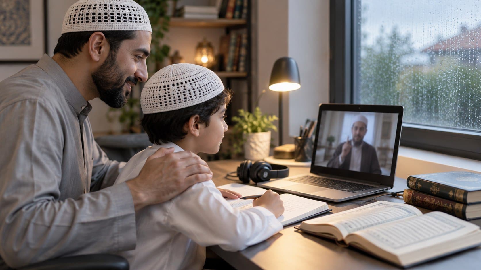 Young students engaged in interactive online Islamic studies and manners learning