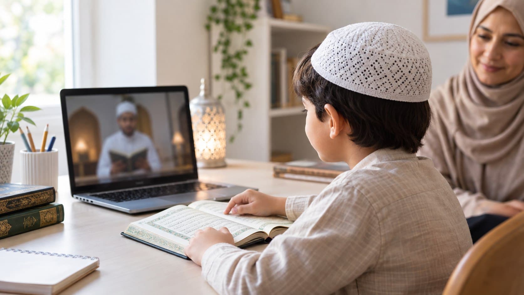 Student following a calm and predictable online Quran lesson with a supportive tutor