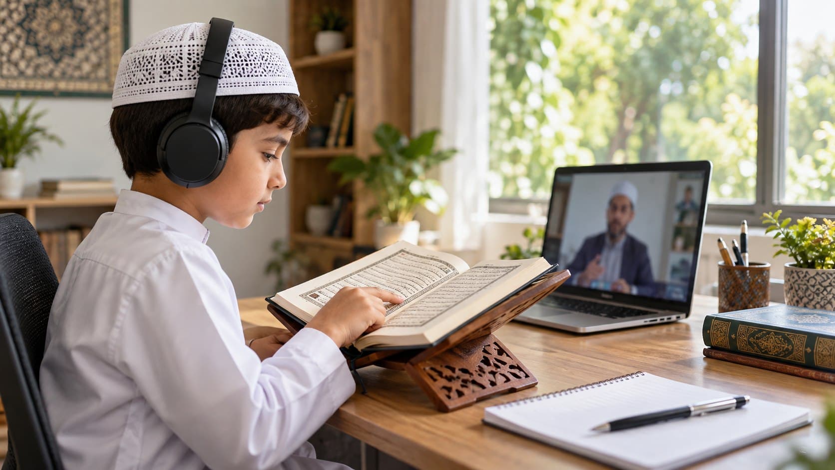 Child attending a live online Quran reading lesson from home